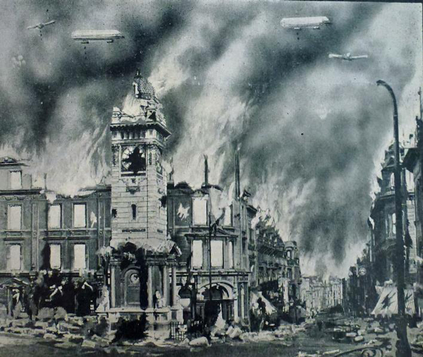 Propaganda image of Brighton Clock Tower if it were attacked by Zeppelins - Courtesy of Seaford Museum