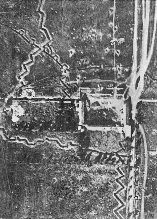 Mouquet Farm, near Thiepval with trench systems surrounding it, prior to 1 July. - Image courtesy of Imperial War Museum: Q 27637