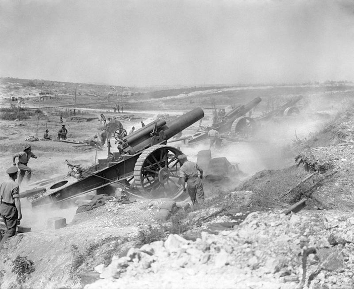 Three 8 inch howitzers of 39th Siege Battery, Royal Garrison Artillery (RGA), firing from the Fricourt-Mametz Valley during the Battle of the Somme, August 1916. - Image Courtesy of Imperial War Museum: Q 5818