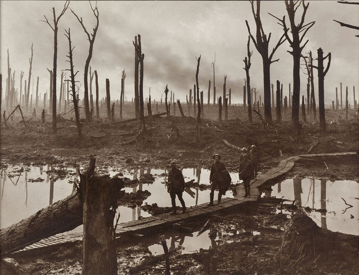 Soldiers of an Australian 4th Division field artillery brigade on a duckboard track passing through Chateau Wood, near Hooge in the Ypres salient, 29 October 1917